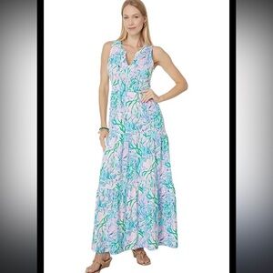 NWT sz Med Lilly Pulitzer Sydnee Maxi Dress in Seacret Escape 100% Pima Cotton